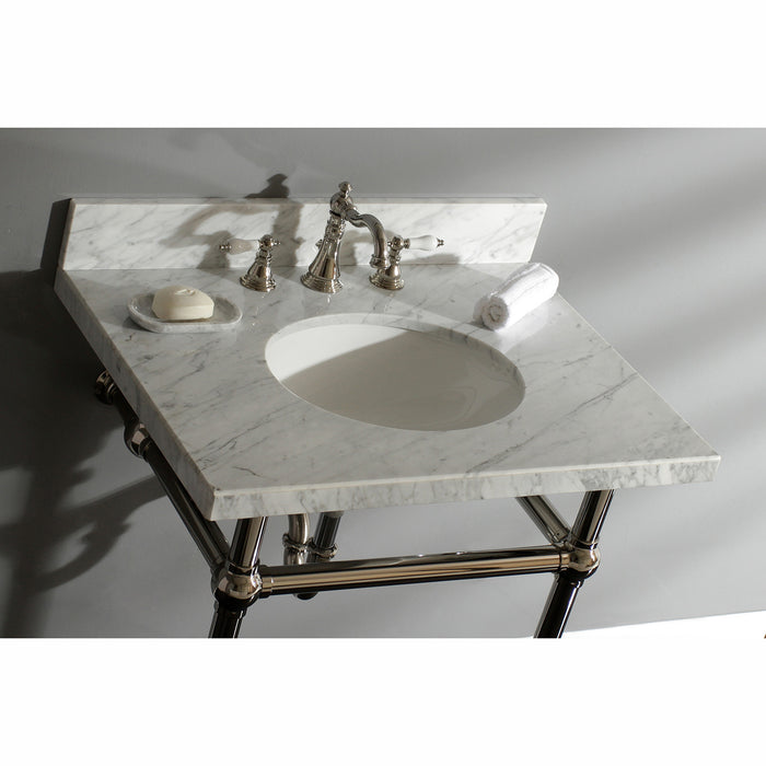 Kingston Heirloom KVPB30MB6 - Templeton 30-Inch Carrara Marble Vanity Top with Brass Legs (8-Inch, 3-Hole), Carrara Marble White/Polished Nickel