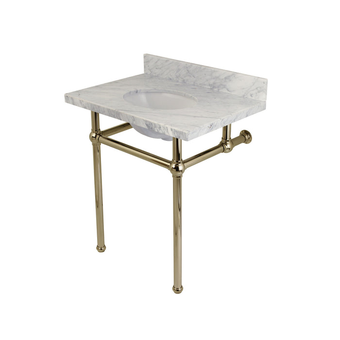 Kingston Heirloom KVPB30MB6 - Templeton 30-Inch Carrara Marble Vanity Top with Brass Legs (8-Inch, 3-Hole), Carrara Marble White/Polished Nickel
