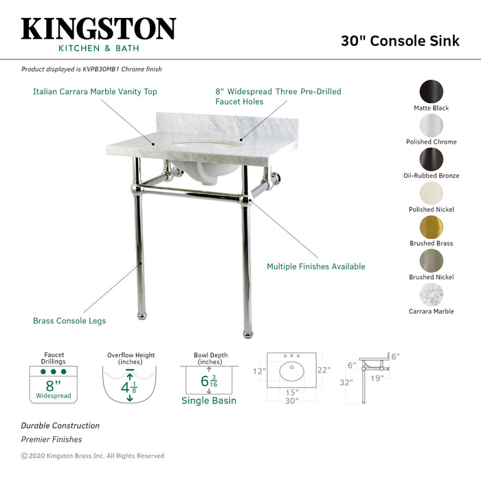Kingston Heirloom KVPB30MB7 - Templeton 30-Inch Carrara Marble Vanity Top with Brass Legs (8-Inch, 3-Hole), Carrara Marble White/Brushed Brass