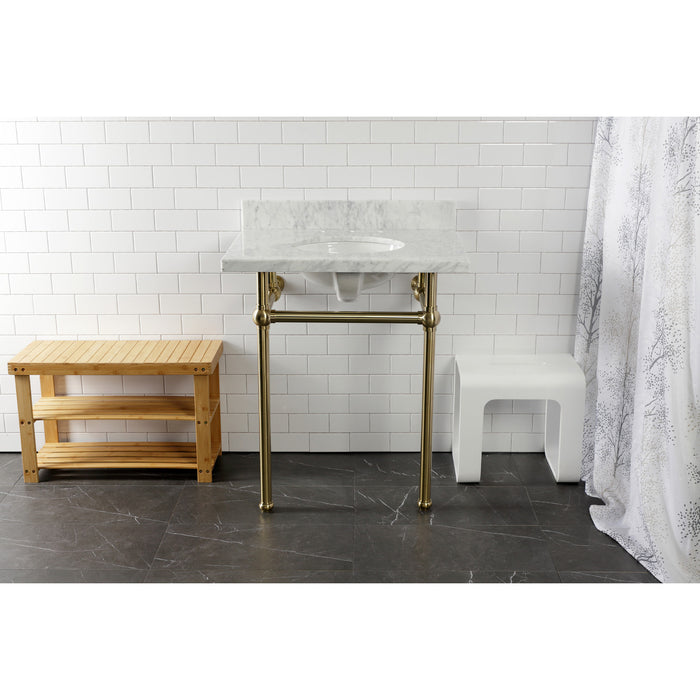 Kingston Heirloom KVPB30MB7 - Templeton 30-Inch Carrara Marble Vanity Top with Brass Legs (8-Inch, 3-Hole), Carrara Marble White/Brushed Brass