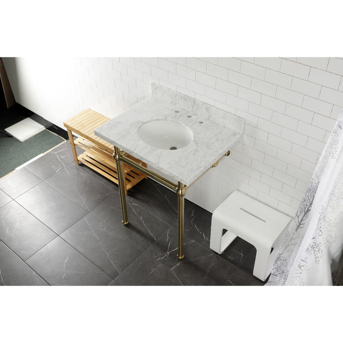 Kingston Heirloom KVPB30MB7 - Templeton 30-Inch Carrara Marble Vanity Top with Brass Legs (8-Inch, 3-Hole), Carrara Marble White/Brushed Brass