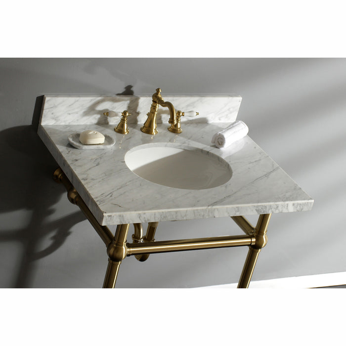 Kingston Heirloom KVPB30MB7 - Templeton 30-Inch Carrara Marble Vanity Top with Brass Legs (8-Inch, 3-Hole), Carrara Marble White/Brushed Brass