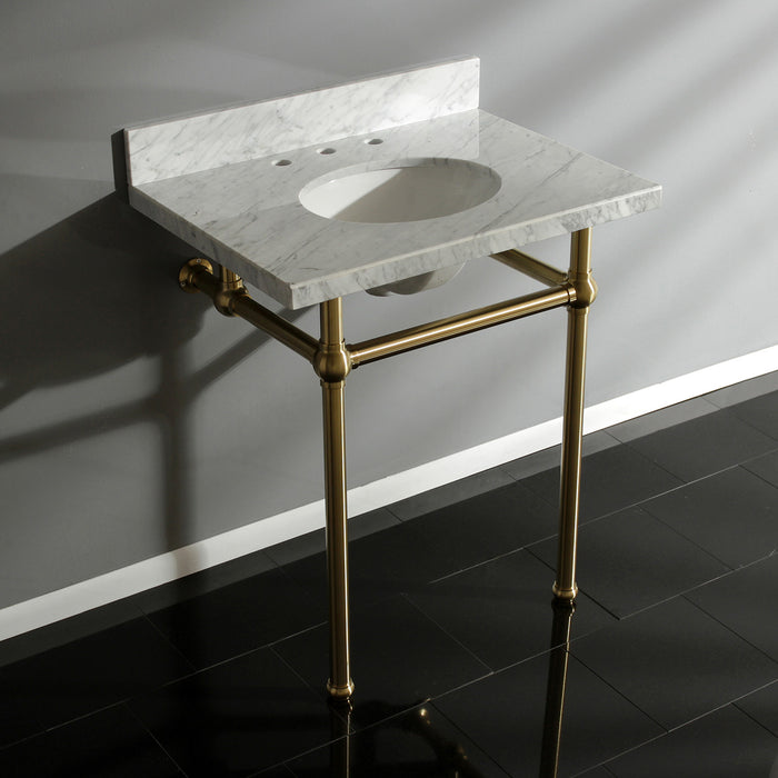 Kingston Heirloom KVPB30MB7 - Templeton 30-Inch Carrara Marble Vanity Top with Brass Legs (8-Inch, 3-Hole), Carrara Marble White/Brushed Brass