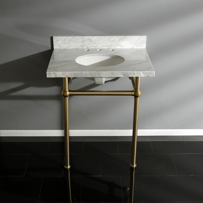 Kingston Heirloom KVPB30MB7 - Templeton 30-Inch Carrara Marble Vanity Top with Brass Legs (8-Inch, 3-Hole), Carrara Marble White/Brushed Brass