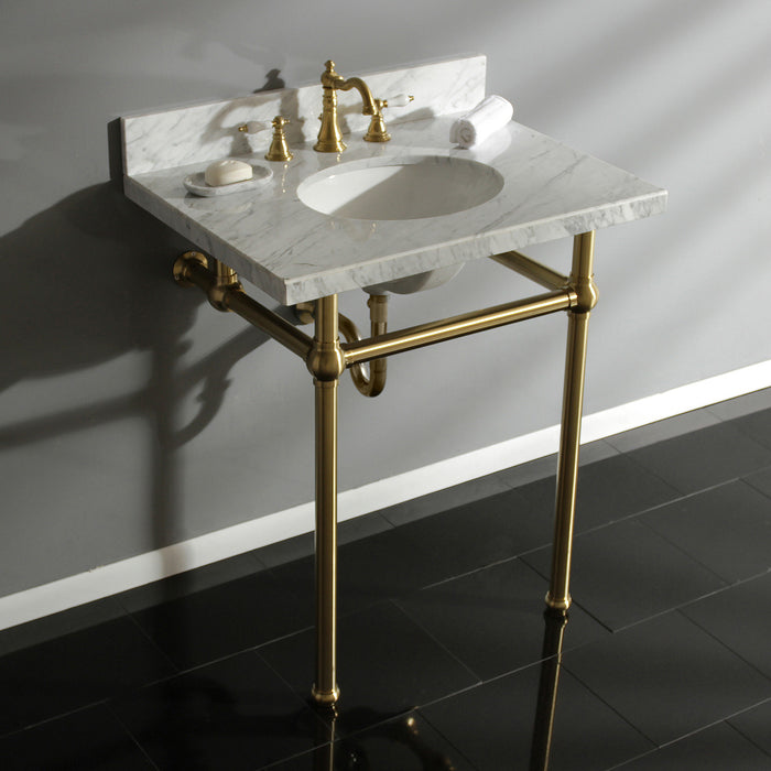Kingston Heirloom KVPB30MB7 - Templeton 30-Inch Carrara Marble Vanity Top with Brass Legs (8-Inch, 3-Hole), Carrara Marble White/Brushed Brass