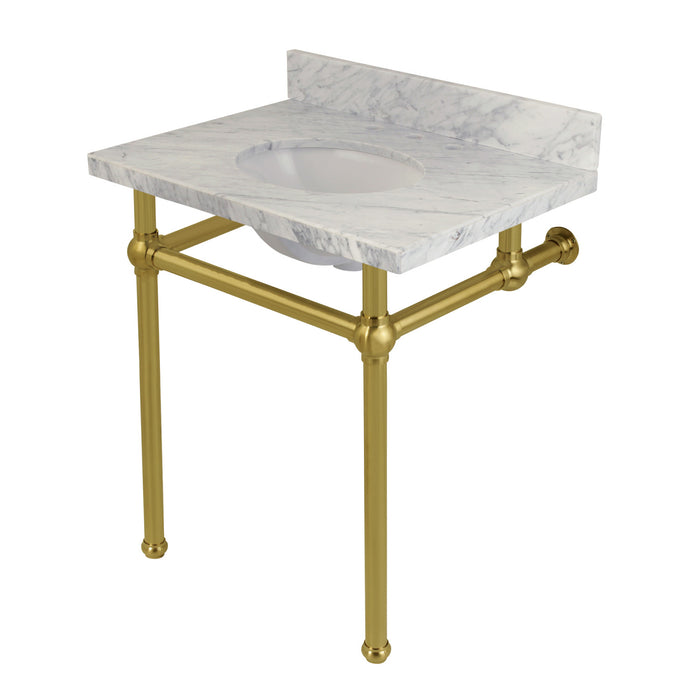 Kingston Heirloom KVPB30MB7 - Templeton 30-Inch Carrara Marble Vanity Top with Brass Legs (8-Inch, 3-Hole), Carrara Marble White/Brushed Brass