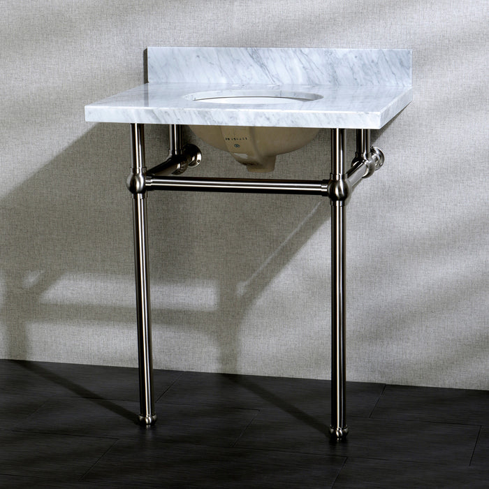Kingston Heirloom KVPB30MB8 - Templeton 30-Inch Carrara Marble Vanity Top with Brass Legs (8-Inch, 3-Hole), Carrara Marble White/Brushed Nickel