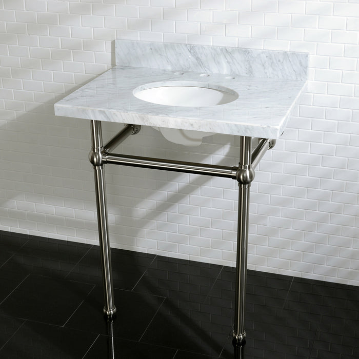 Kingston Heirloom KVPB30MB8 - Templeton 30-Inch Carrara Marble Vanity Top with Brass Legs (8-Inch, 3-Hole), Carrara Marble White/Brushed Nickel