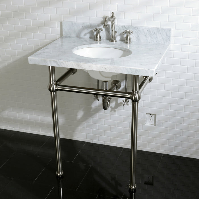 Kingston Heirloom KVPB30MB8 - Templeton 30-Inch Carrara Marble Vanity Top with Brass Legs (8-Inch, 3-Hole), Carrara Marble White/Brushed Nickel