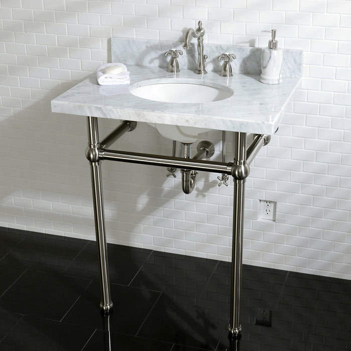 Kingston Heirloom KVPB30MB8 - Templeton 30-Inch Carrara Marble Vanity Top with Brass Legs (8-Inch, 3-Hole), Carrara Marble White/Brushed Nickel