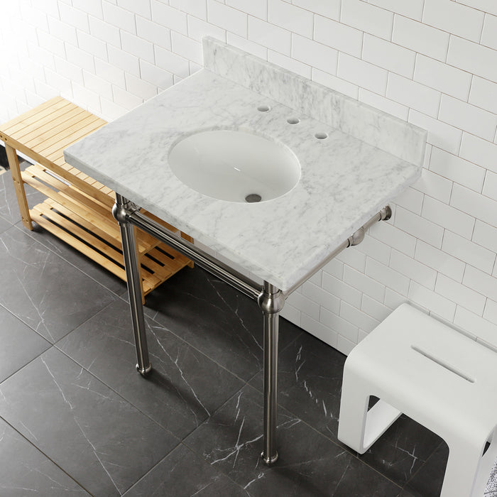 Kingston Heirloom KVPB30MB8 - Templeton 30-Inch Carrara Marble Vanity Top with Brass Legs (8-Inch, 3-Hole), Carrara Marble White/Brushed Nickel