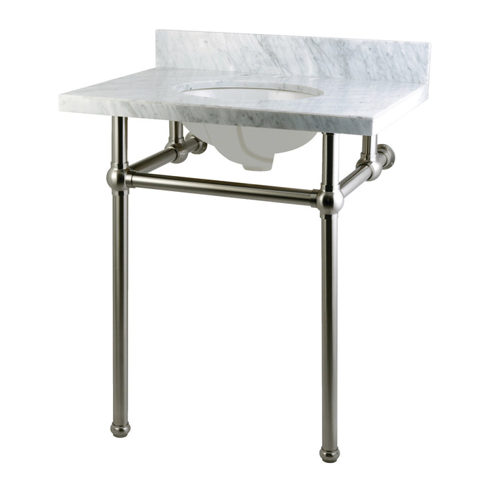 Kingston Heirloom KVPB30MB8 - Templeton 30-Inch Carrara Marble Vanity Top with Brass Legs (8-Inch, 3-Hole), Carrara Marble White/Brushed Nickel