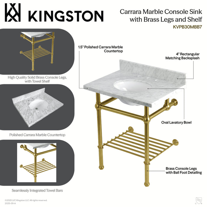 Kingston Heirloom KVPB30MBB0 - Templeton 30-Inch Carrara Marble Console Sink with Brass Legs and Shelf (8-Inch, 3-Hole), Carrara Marble White/Matte Black