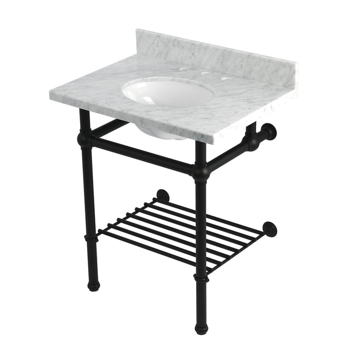Kingston Heirloom KVPB30MBB0 - Templeton 30-Inch Carrara Marble Console Sink with Brass Legs and Shelf (8-Inch, 3-Hole), Carrara Marble White/Matte Black
