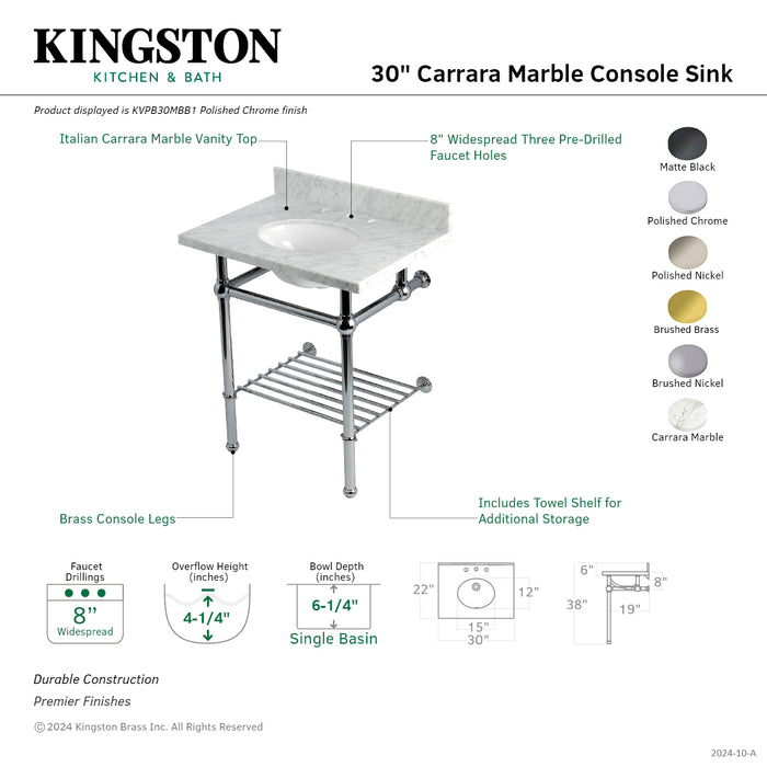 Kingston Heirloom KVPB30MBB1 - Templeton 30-Inch Carrara Marble Console Sink with Brass Legs and Shelf (8-Inch, 3-Hole), Carrara Marble White/Polished Chrome