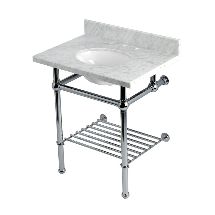 Kingston Heirloom KVPB30MBB1 - Templeton 30-Inch Carrara Marble Console Sink with Brass Legs and Shelf (8-Inch, 3-Hole), Carrara Marble White/Polished Chrome