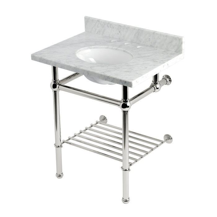 Kingston Heirloom KVPB30MBB6 - Templeton 30-Inch Carrara Marble Console Sink with Brass Legs and Shelf (8-Inch, 3-Hole), Carrara Marble White/Polished Nickel