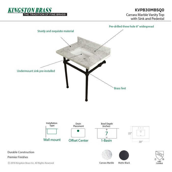 Kingston Heirloom KVPB30MBSQ0 - Templeton 30-Inch Carrara Marble Vanity Top with Brass Legs (8-Inch, 3-Hole), Carrara Marble White/Matte Black