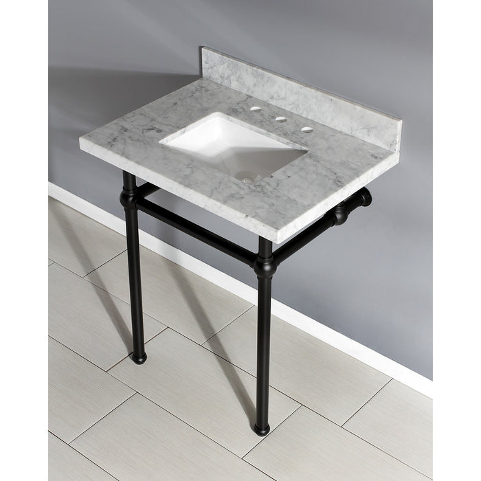 Kingston Heirloom KVPB30MBSQ0 - Templeton 30-Inch Carrara Marble Vanity Top with Brass Legs (8-Inch, 3-Hole), Carrara Marble White/Matte Black