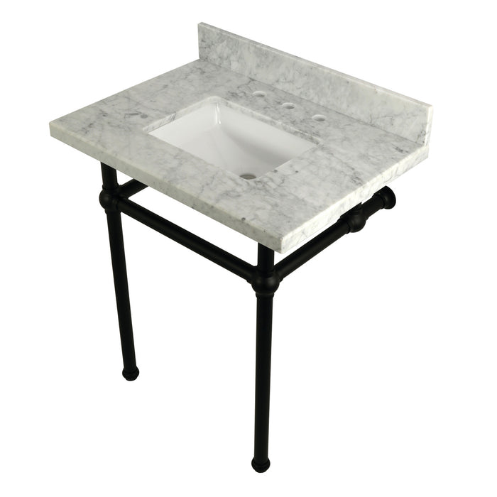 Kingston Heirloom KVPB30MBSQ0 - Templeton 30-Inch Carrara Marble Vanity Top with Brass Legs (8-Inch, 3-Hole), Carrara Marble White/Matte Black