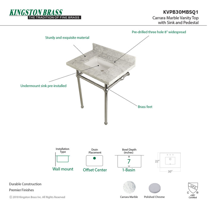 Kingston Heirloom KVPB30MBSQ1 - Templeton 30-Inch Carrara Marble Vanity Top with Brass Legs (8-Inch, 3-Hole), Carrara Marble White/Polished Chrome