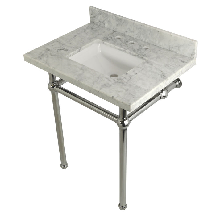 Kingston Heirloom KVPB30MBSQ1 - Templeton 30-Inch Carrara Marble Vanity Top with Brass Legs (8-Inch, 3-Hole), Carrara Marble White/Polished Chrome