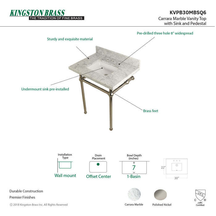 Kingston Heirloom KVPB30MBSQ6 - Templeton 30-Inch Carrara Marble Vanity Top with Brass Legs (8-Inch, 3-Hole), Carrara Marble White/Polished Nickel