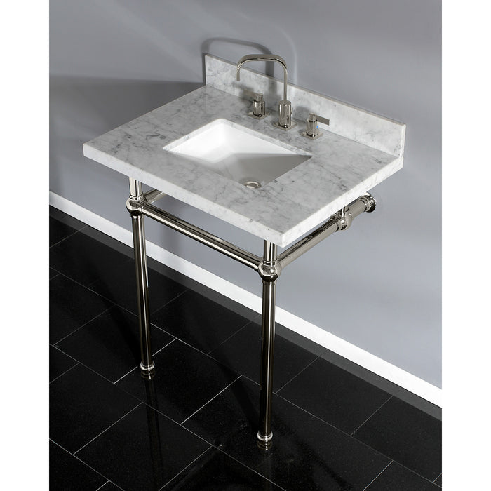 Kingston Heirloom KVPB30MBSQ6 - Templeton 30-Inch Carrara Marble Vanity Top with Brass Legs (8-Inch, 3-Hole), Carrara Marble White/Polished Nickel