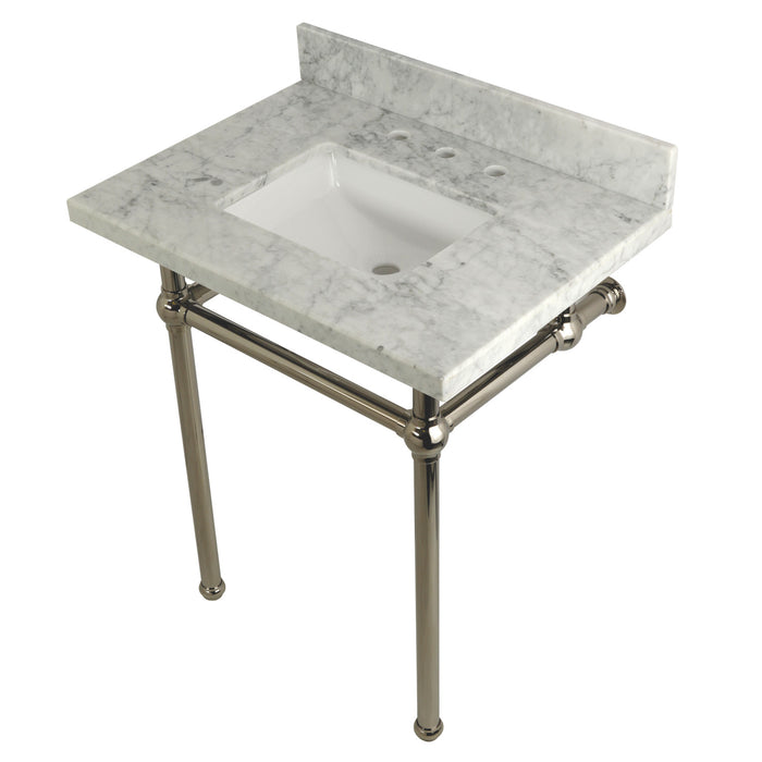 Kingston Heirloom KVPB30MBSQ6 - Templeton 30-Inch Carrara Marble Vanity Top with Brass Legs (8-Inch, 3-Hole), Carrara Marble White/Polished Nickel