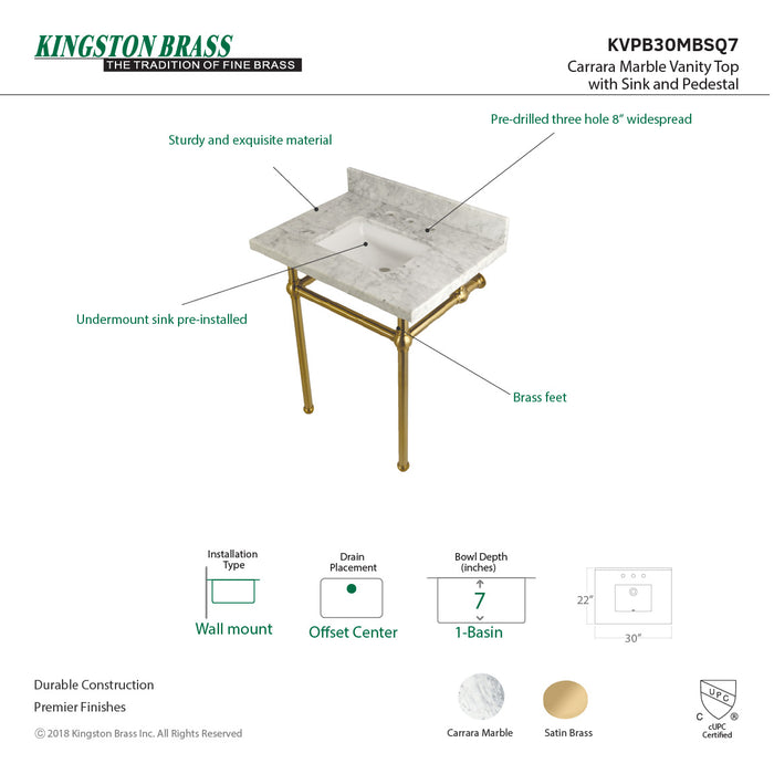 Kingston Heirloom KVPB30MBSQ7 - Templeton 30-Inch Carrara Marble Vanity Top with Brass Legs (8-Inch, 3-Hole), Carrara Marble White/Brushed Brass