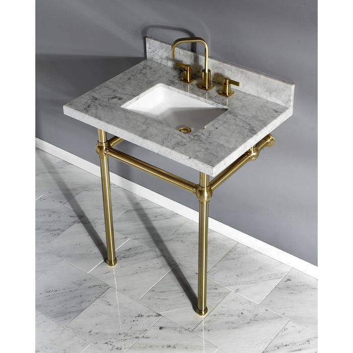 Kingston Heirloom KVPB30MBSQ7 - Templeton 30-Inch Carrara Marble Vanity Top with Brass Legs (8-Inch, 3-Hole), Carrara Marble White/Brushed Brass