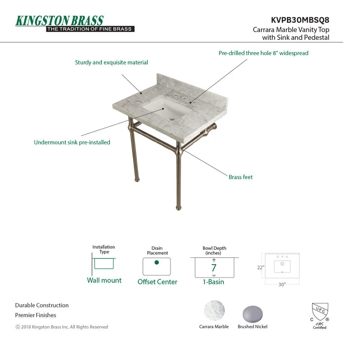 Kingston Heirloom KVPB30MBSQ8 - Templeton 30-Inch Carrara Marble Vanity Top with Brass Legs (8-Inch, 3-Hole), Carrara Marble White/Brushed Nickel