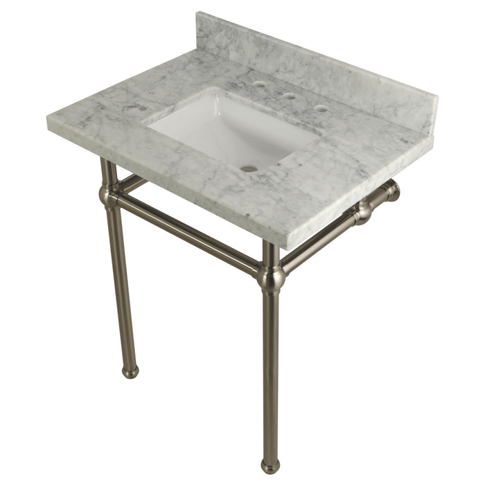 Kingston Heirloom KVPB30MBSQ8 - Templeton 30-Inch Carrara Marble Vanity Top with Brass Legs (8-Inch, 3-Hole), Carrara Marble White/Brushed Nickel