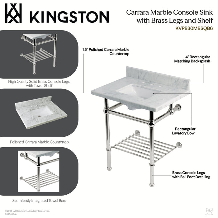 Kingston Heirloom KVPB30MBSQB0 - Templeton 30-Inch Carrara Marble Console Sink with Brass Legs and Shelf (8-Inch, 3-Hole), Carrara Marble White/Matte Black