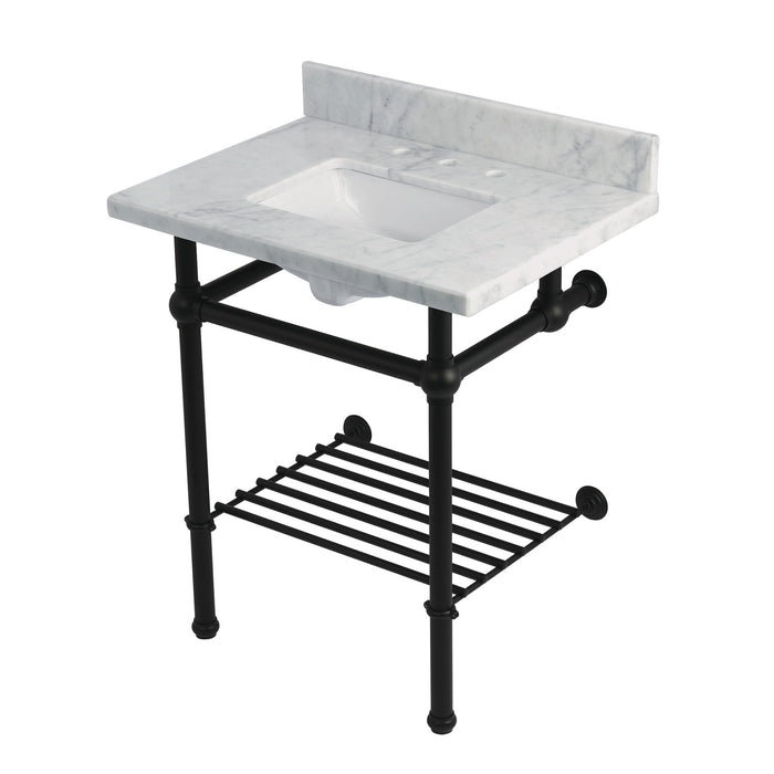 Kingston Heirloom KVPB30MBSQB0 - Templeton 30-Inch Carrara Marble Console Sink with Brass Legs and Shelf (8-Inch, 3-Hole), Carrara Marble White/Matte Black