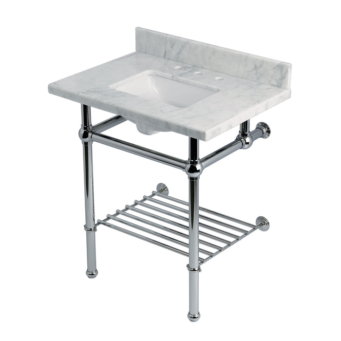 Kingston Heirloom KVPB30MBSQB1 - Templeton 30-Inch Carrara Marble Console Sink with Brass Legs and Shelf (8-Inch, 3-Hole), Carrara Marble White/Polished Chrome
