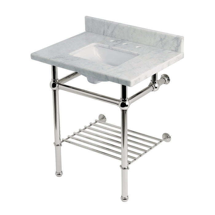Kingston Heirloom KVPB30MBSQB6 - Templeton 30-Inch Carrara Marble Console Sink with Brass Legs and Shelf (8-Inch, 3-Hole), Carrara Marble White/Polished Nickel