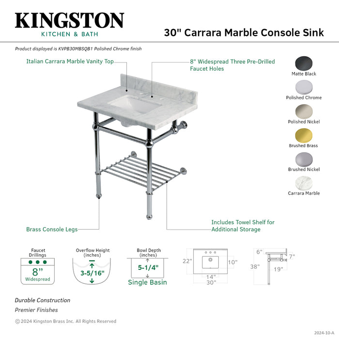 Kingston Heirloom KVPB30MBSQB7 - Templeton 30-Inch Carrara Marble Console Sink with Brass Legs and Shelf (8-Inch, 3-Hole), Carrara Marble White/Brushed Brass