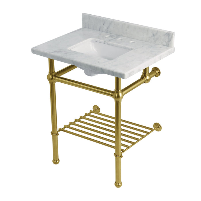 Kingston Heirloom KVPB30MBSQB7 - Templeton 30-Inch Carrara Marble Console Sink with Brass Legs and Shelf (8-Inch, 3-Hole), Carrara Marble White/Brushed Brass