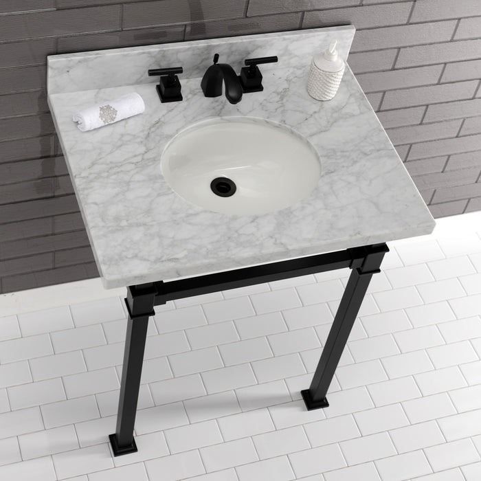 Kingston Sona KVPB30MOQ0 - Monarch 30-Inch Carrara Marble Console Sink with Stainless Steel Legs (8-Inch, 3-Hole), Carrara Marble White/Matte Black