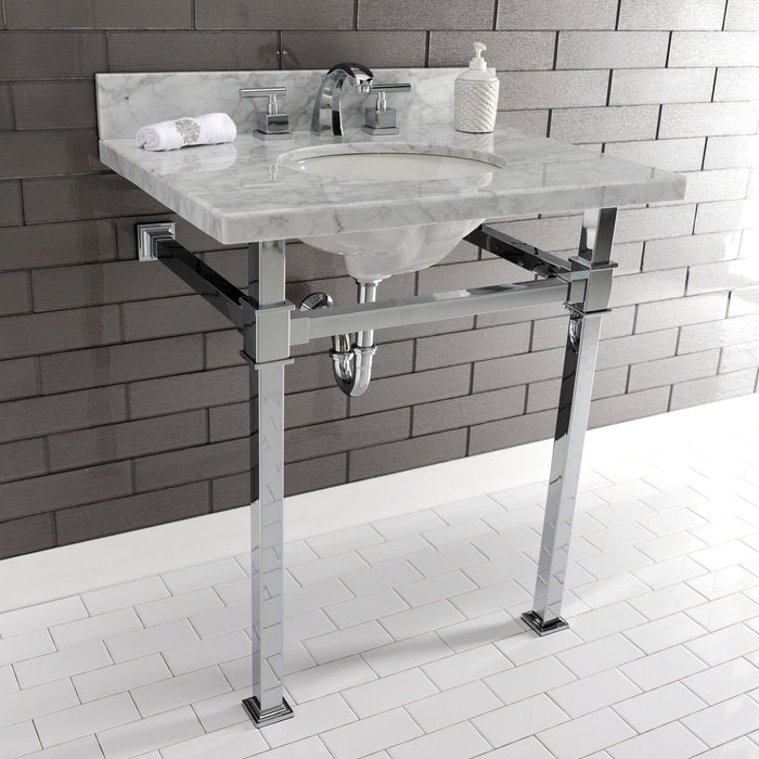 Kingston Sona KVPB30MOQ1 - Monarch 30-Inch Carrara Marble Console Sink with Stainless Steel Legs (8-Inch, 3-Hole), Carrara Marble White/Polished Chrome