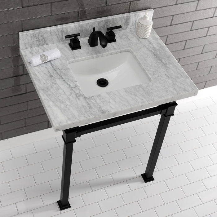 Kingston Sona KVPB30MSQ0 - Monarch 30-Inch Carrara Marble Console Sink with Stainless Steel Legs (8-Inch, 3-Hole), Carrara Marble White/Matte Black