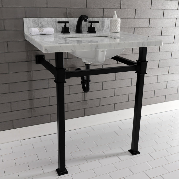 Kingston Sona KVPB30MSQ0 - Monarch 30-Inch Carrara Marble Console Sink with Stainless Steel Legs (8-Inch, 3-Hole), Carrara Marble White/Matte Black