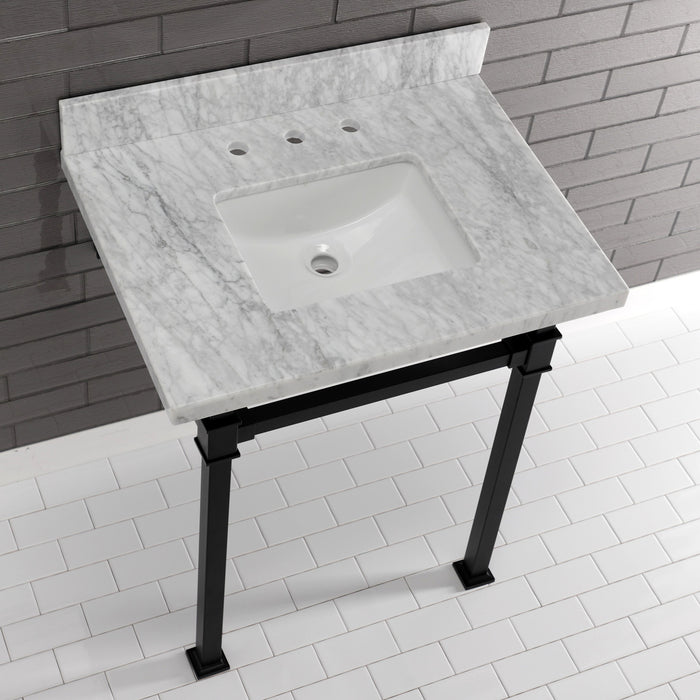 Kingston Sona KVPB30MSQ0 - Monarch 30-Inch Carrara Marble Console Sink with Stainless Steel Legs (8-Inch, 3-Hole), Carrara Marble White/Matte Black