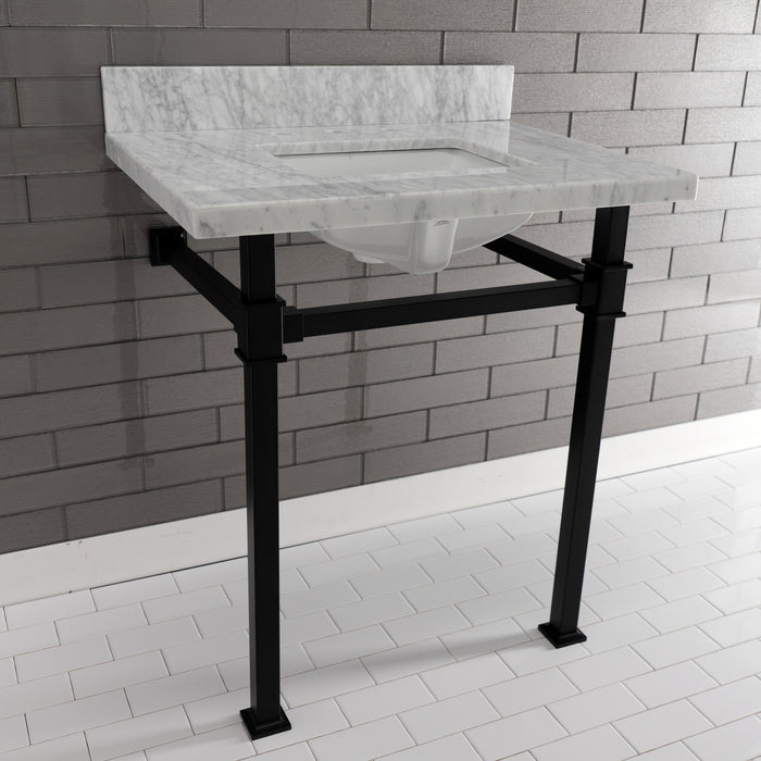 Kingston Sona KVPB30MSQ0 - Monarch 30-Inch Carrara Marble Console Sink with Stainless Steel Legs (8-Inch, 3-Hole), Carrara Marble White/Matte Black