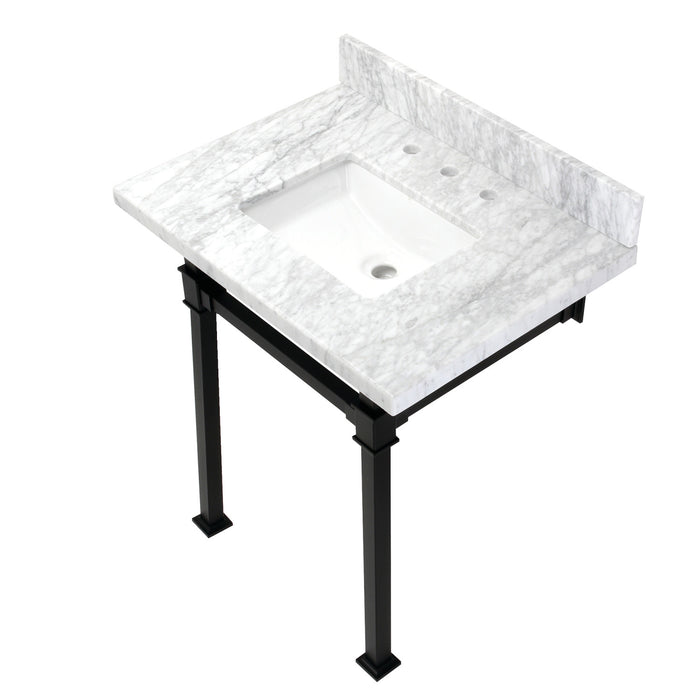 Kingston Sona KVPB30MSQ0 - Monarch 30-Inch Carrara Marble Console Sink with Stainless Steel Legs (8-Inch, 3-Hole), Carrara Marble White/Matte Black