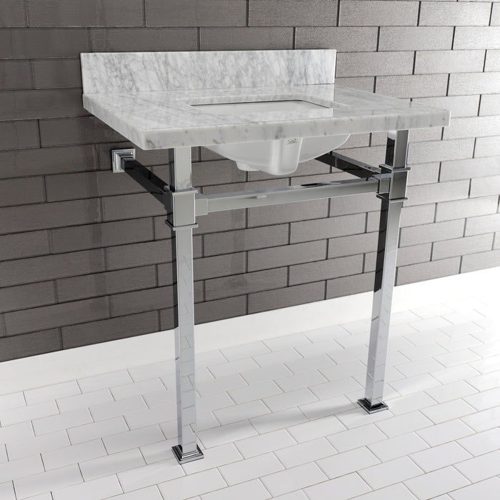 Kingston Sona KVPB30MSQ1 - Monarch 30-Inch Carrara Marble Console Sink with Stainless Steel Legs (8-Inch, 3-Hole), Carrara Marble White/Polished Chrome