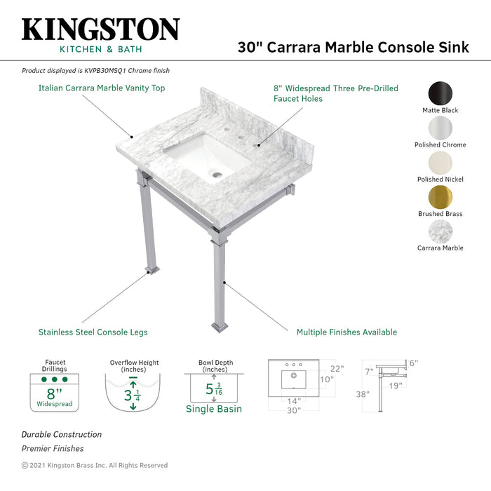Kingston Sona KVPB30MSQ6 - Monarch 30-Inch Carrara Marble Console Sink with Stainless Steel Legs (8-Inch, 3-Hole), Carrara Marble White/Polished Nickel