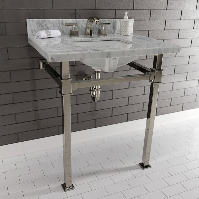 Kingston Sona KVPB30MSQ6 - Monarch 30-Inch Carrara Marble Console Sink with Stainless Steel Legs (8-Inch, 3-Hole), Carrara Marble White/Polished Nickel