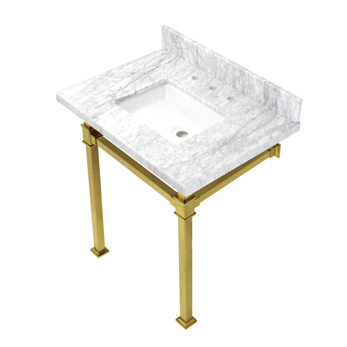 Kingston Sona KVPB30MSQ7 - Monarch 30-Inch Carrara Marble Console Sink with Stainless Steel Legs (8-Inch, 3-Hole), Carrara Marble White/Brushed Brass